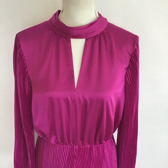 Milly Women Elegant Chic Fuchsia Pleated Long Sleeve Mini Dress Size 10 - Picture 6 of 15